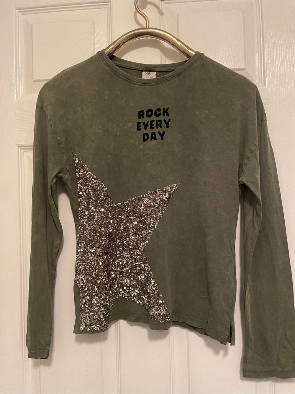 Kids Olive Green Long-Sleeve Top with Silver Sequin Star - ROCK EVERY DAY
